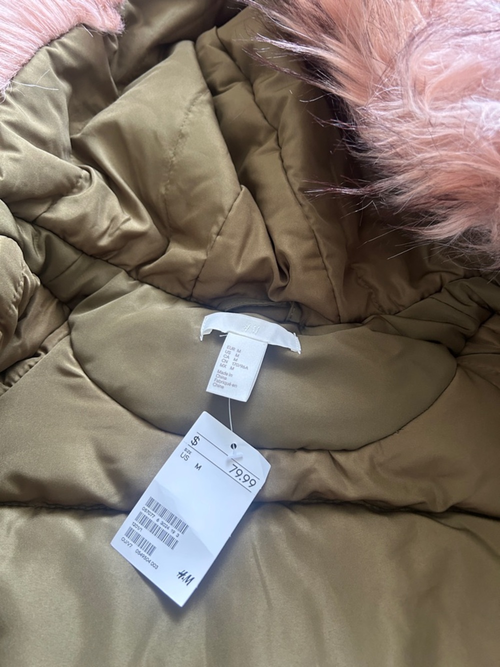H&M Olive Green Puffer Parka with Pink Faux-Fur Hood - Picture 5 of 6